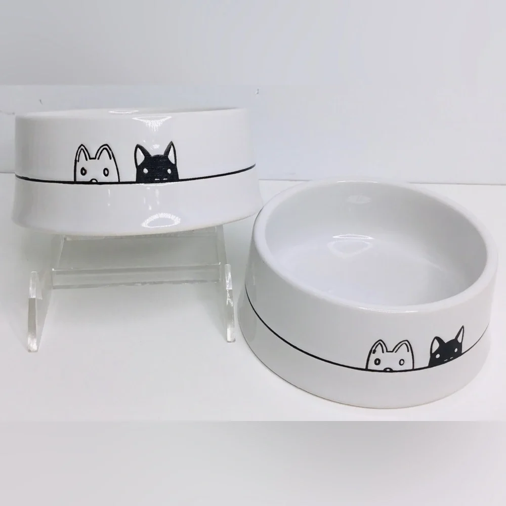 2 Two Cat Heads Signature Stoneware Cat Dish